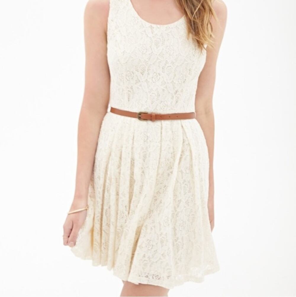 White Lace Fit Flare Dress Sleeveless Belted Lined Mini Womens Small